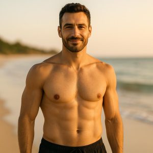 Fit male chest on beach illustrating natural gynecomastia surgery outcome