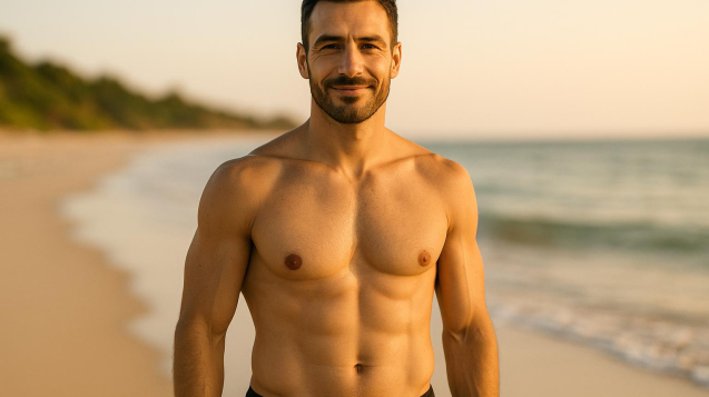 Fit male chest on beach illustrating natural gynecomastia surgery outcome