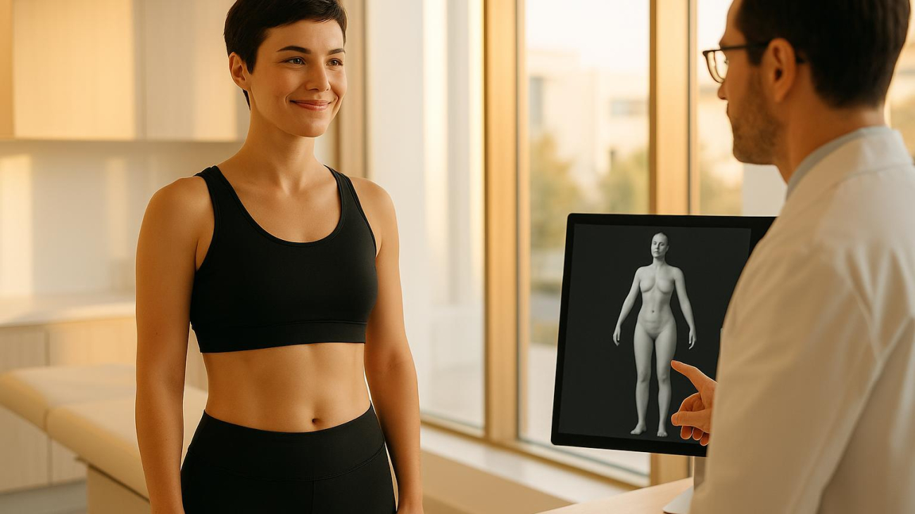 Patient consulting with surgeon about liposuction with J-Plasma long term results in modern Turkish clinic