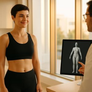 Patient consulting with surgeon about liposuction with J-Plasma long term results in modern Turkish clinic