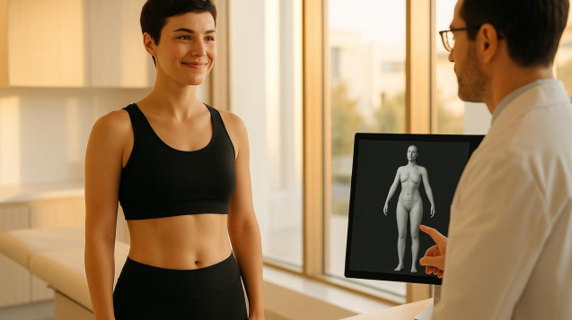 Patient consulting with surgeon about liposuction with J-Plasma long term results in modern Turkish clinic