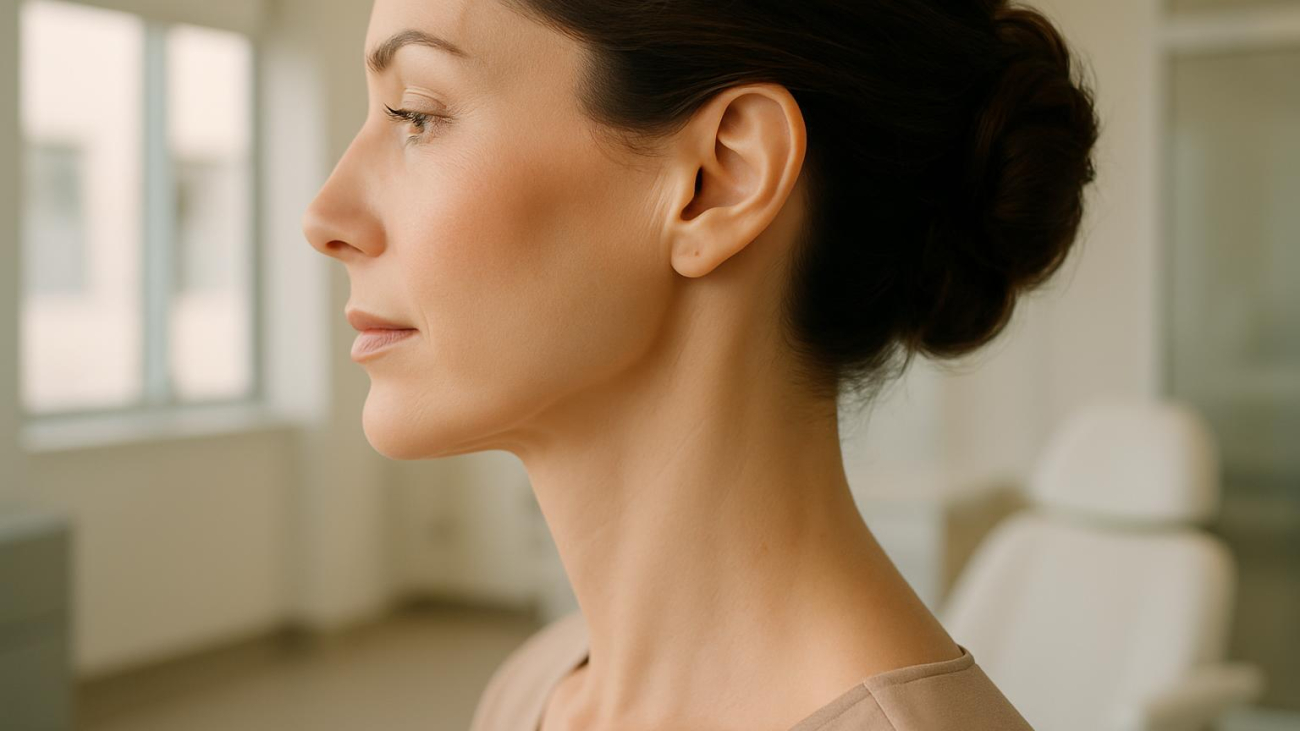 Refined neck and jawline showing natural results of combined neck lift with chin augmentation