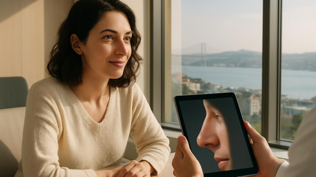 Patient consulting with surgeon about rhinoplasty recovery timeline in Istanbul clinic