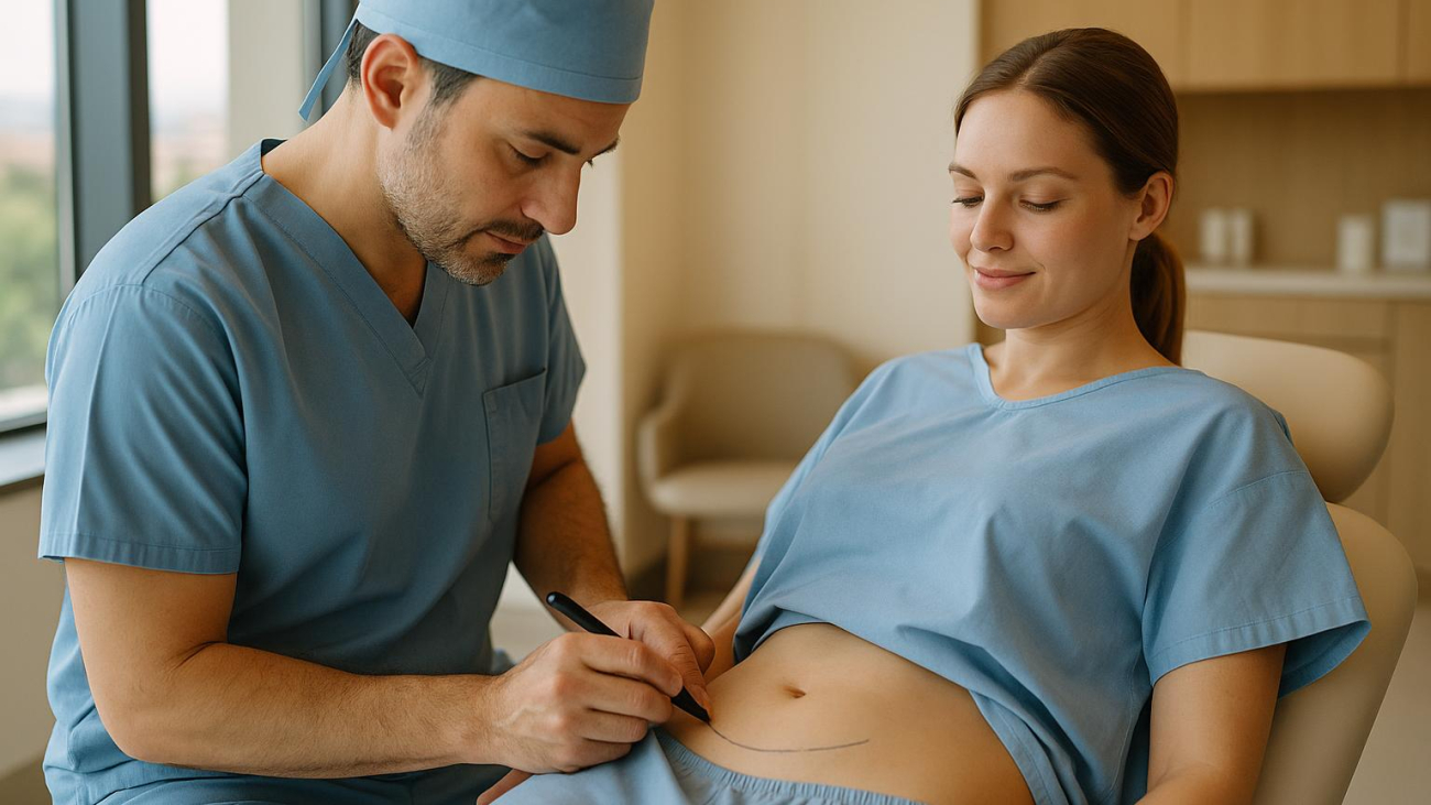 Surgeon marking abdomen for tummy tuck and J-Plasma procedure at Clinic Wise Turkey