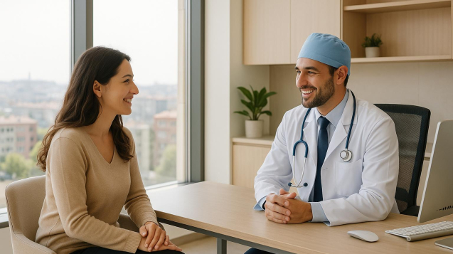 Surgeon and patient discussing vaginoplasty candidacy assessment in a calm Turkish clinic setting