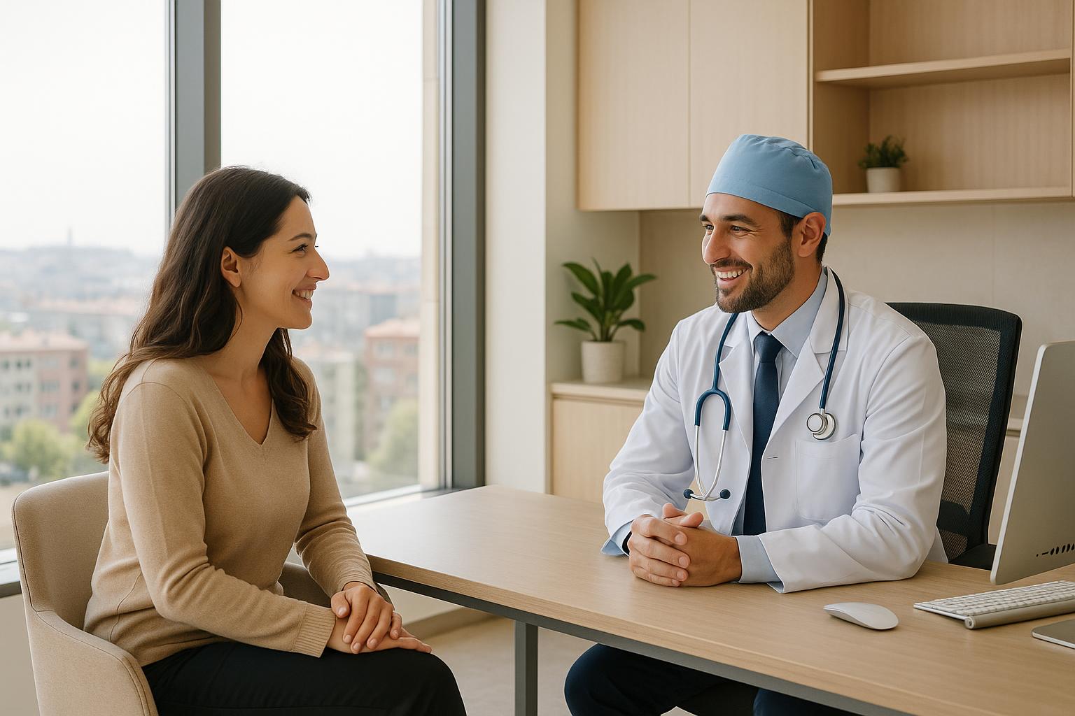 Surgeon and patient discussing vaginoplasty candidacy assessment in a calm Turkish clinic setting