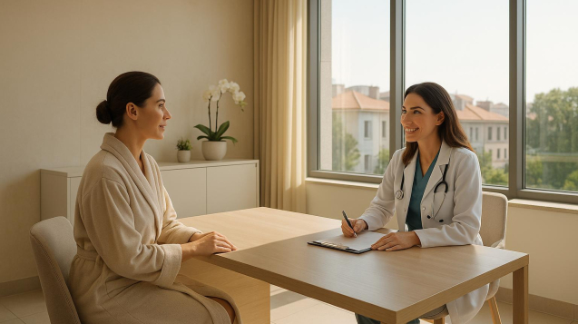 Patient and surgeon discussing long‑term vaginoplasty labiaplasty results in a bright Turkish clinic