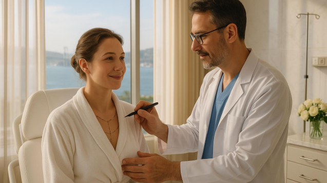 Patient with surgeon during pre-op markings for breast augmentation surgery day at Clinic Wise Turkey