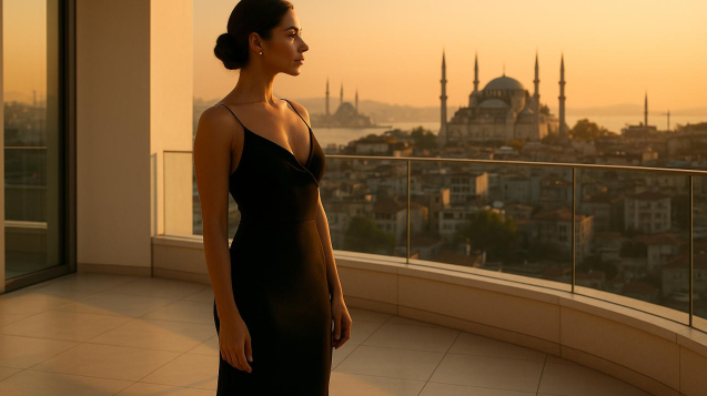 Woman in evening wear overlooking Istanbul, representing breast augmentation with lift turkey travel planning