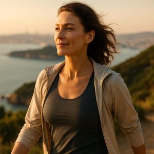 Woman enjoying active lifestyle after breast reduction and lift surgery in Turkey
