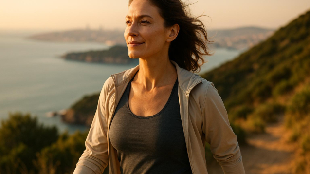 Woman enjoying active lifestyle after breast reduction and lift surgery in Turkey