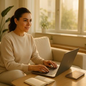 Woman planning breast reduction lift Turkey travel from home with laptop and passport