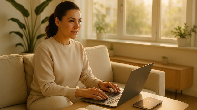 Woman planning breast reduction lift Turkey travel from home with laptop and passport