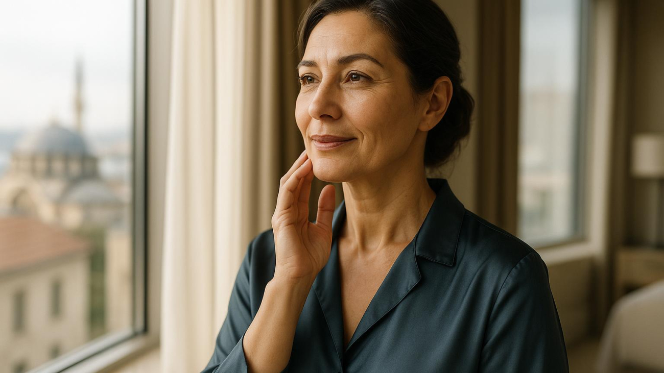 Woman assessing jawline and neck contour in natural light before facelift and neck lift together consultation