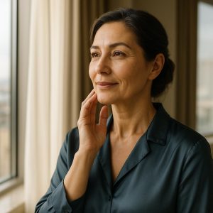 Woman assessing jawline and neck contour in natural light before facelift and neck lift together consultation