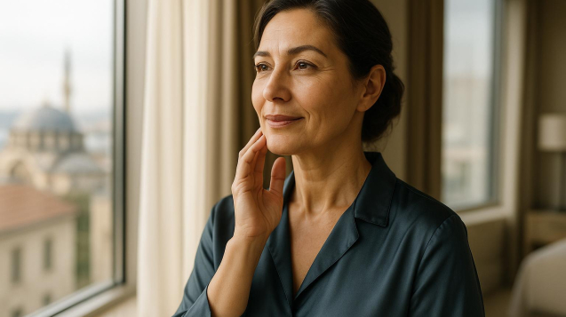 Woman assessing jawline and neck contour in natural light before facelift and neck lift together consultation