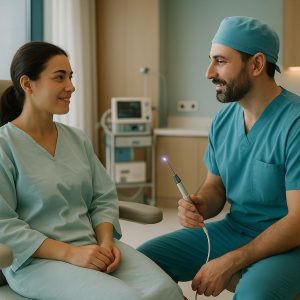 Patient consulting with surgeon before j plasma arm liposuction procedure at Clinic Wise Turkey