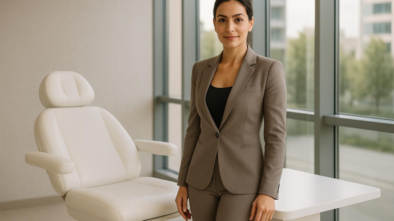 Woman consulting with surgeon about liposuction vs j-plasma liposuction in a bright clinic setting