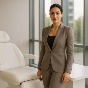 Woman consulting with surgeon about liposuction vs j-plasma liposuction in a bright clinic setting