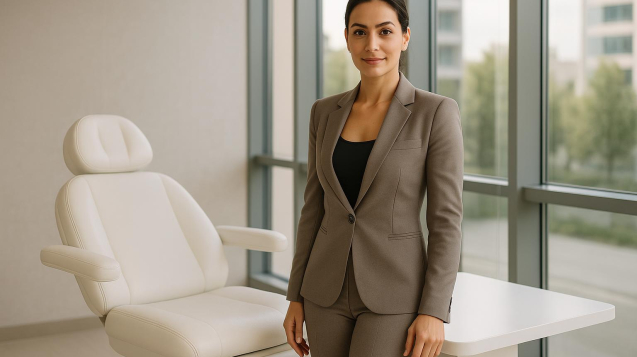 Woman consulting with surgeon about liposuction vs j-plasma liposuction in a bright clinic setting