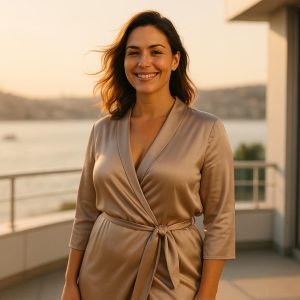 Confident mother enjoying Istanbul terrace after mommy makeover transformation Turkey