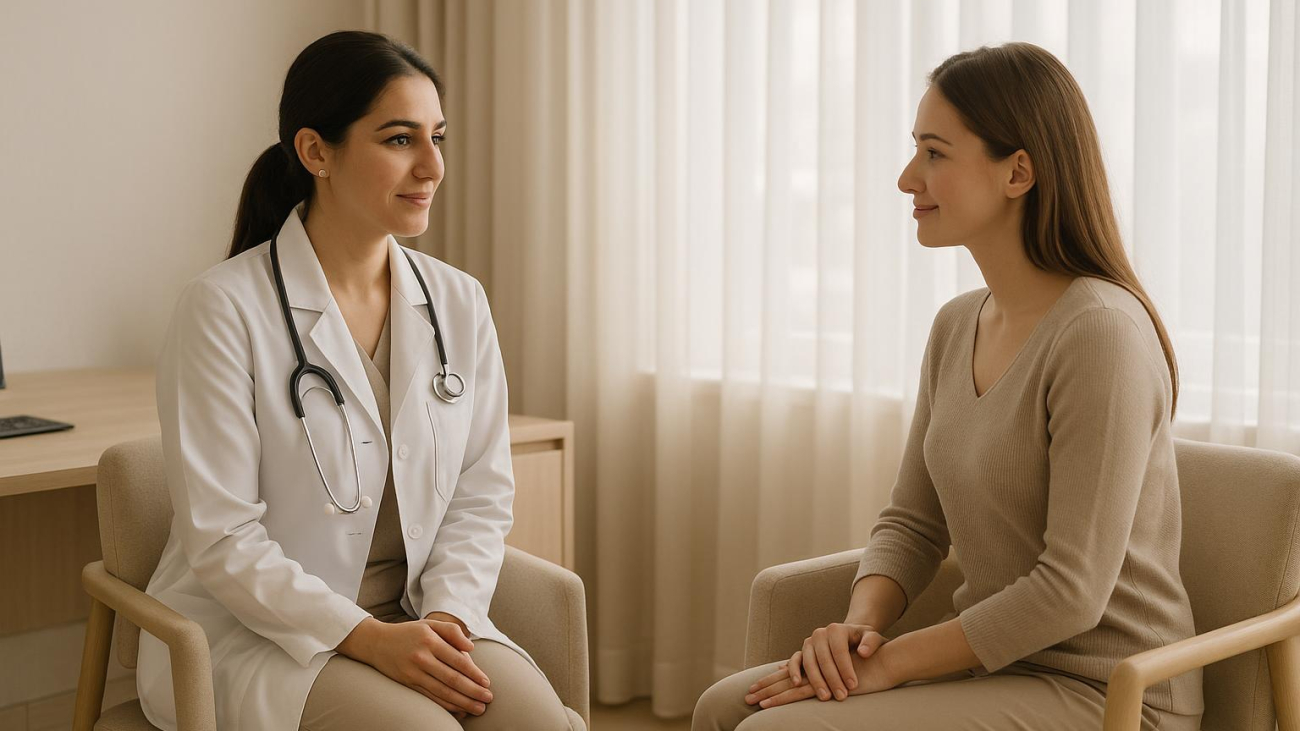 Female surgeon consulting with postpartum vaginoplasty candidate in modern Turkish clinic