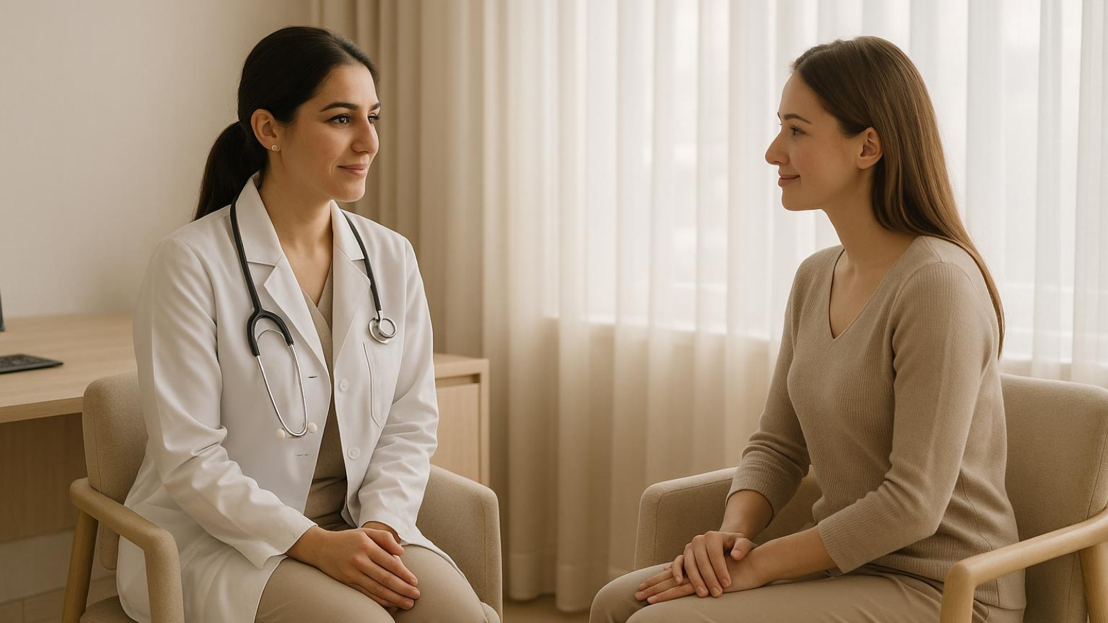Female surgeon consulting with postpartum vaginoplasty candidate in modern Turkish clinic