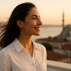 Woman embracing new confidence after rhinoplasty on Istanbul rooftop at sunset