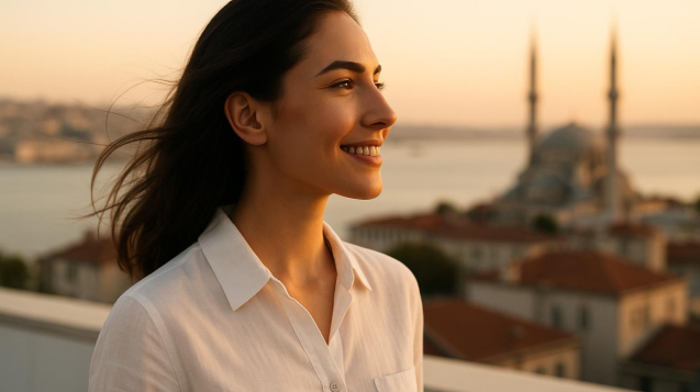 Woman embracing new confidence after rhinoplasty on Istanbul rooftop at sunset