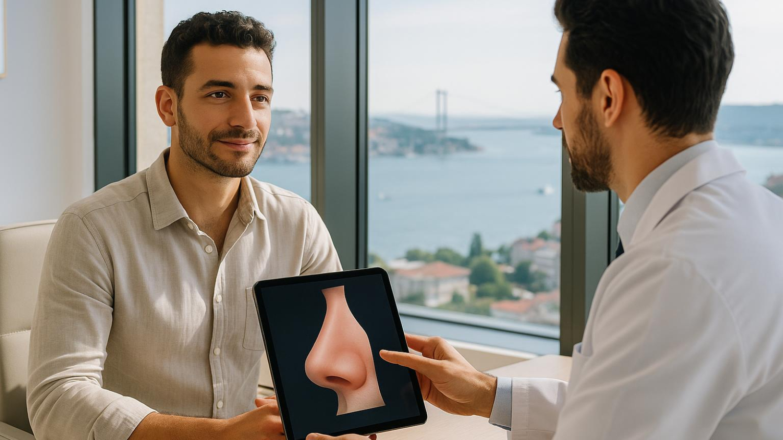 Patient and surgeon reviewing septorhinoplasty planning together in modern clinic