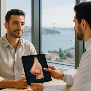 Patient and surgeon reviewing septorhinoplasty planning together in modern clinic