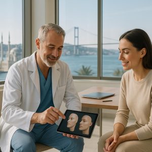 Expert surgeon consulting with patient in modern Istanbul clinic overlooking Bosphorus