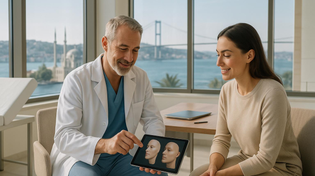 Expert surgeon consulting with patient in modern Istanbul clinic overlooking Bosphorus