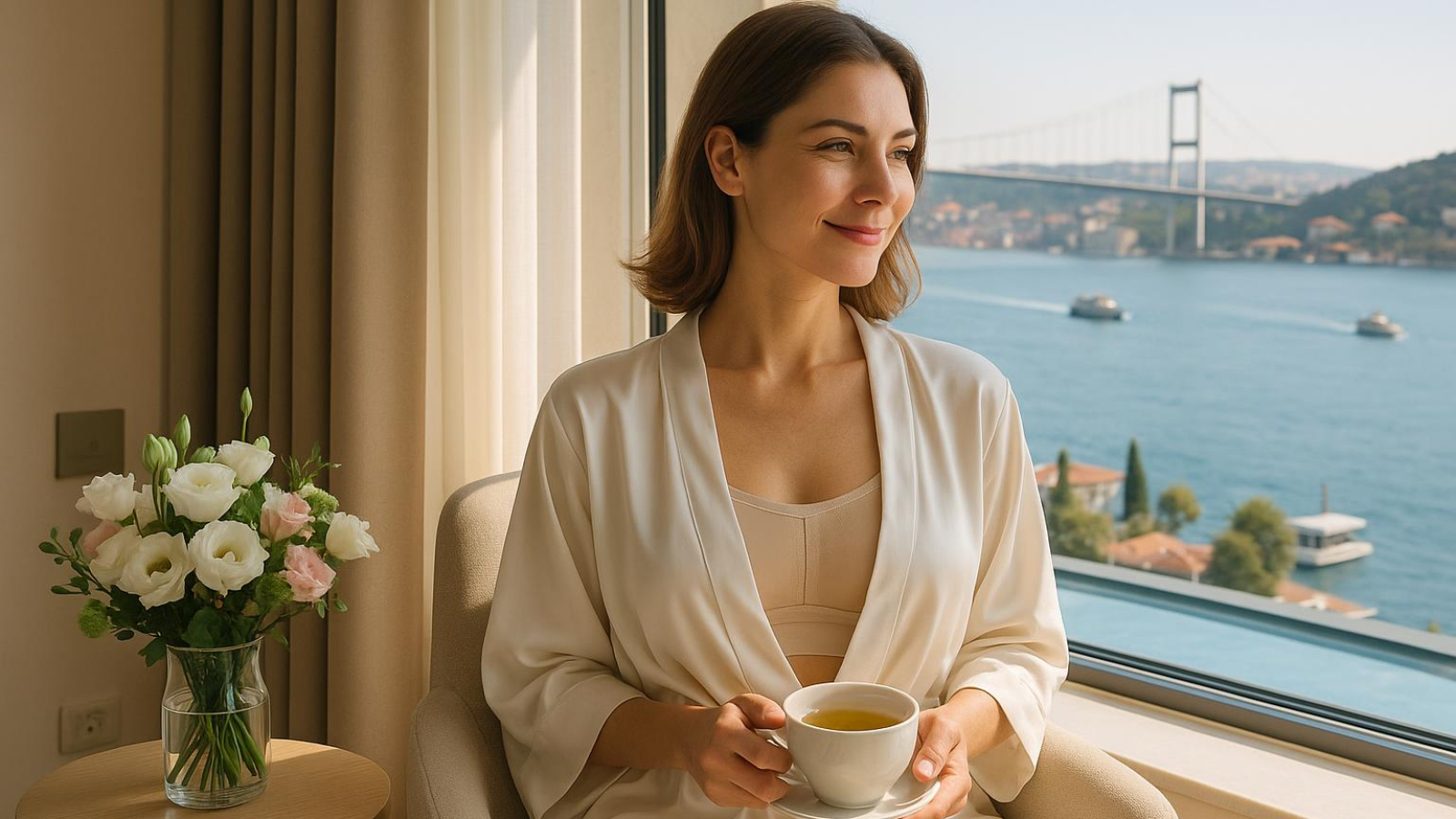 Comfortable recovery suite in Istanbul with Bosphorus views, patient relaxing after breast augmentation surgery
