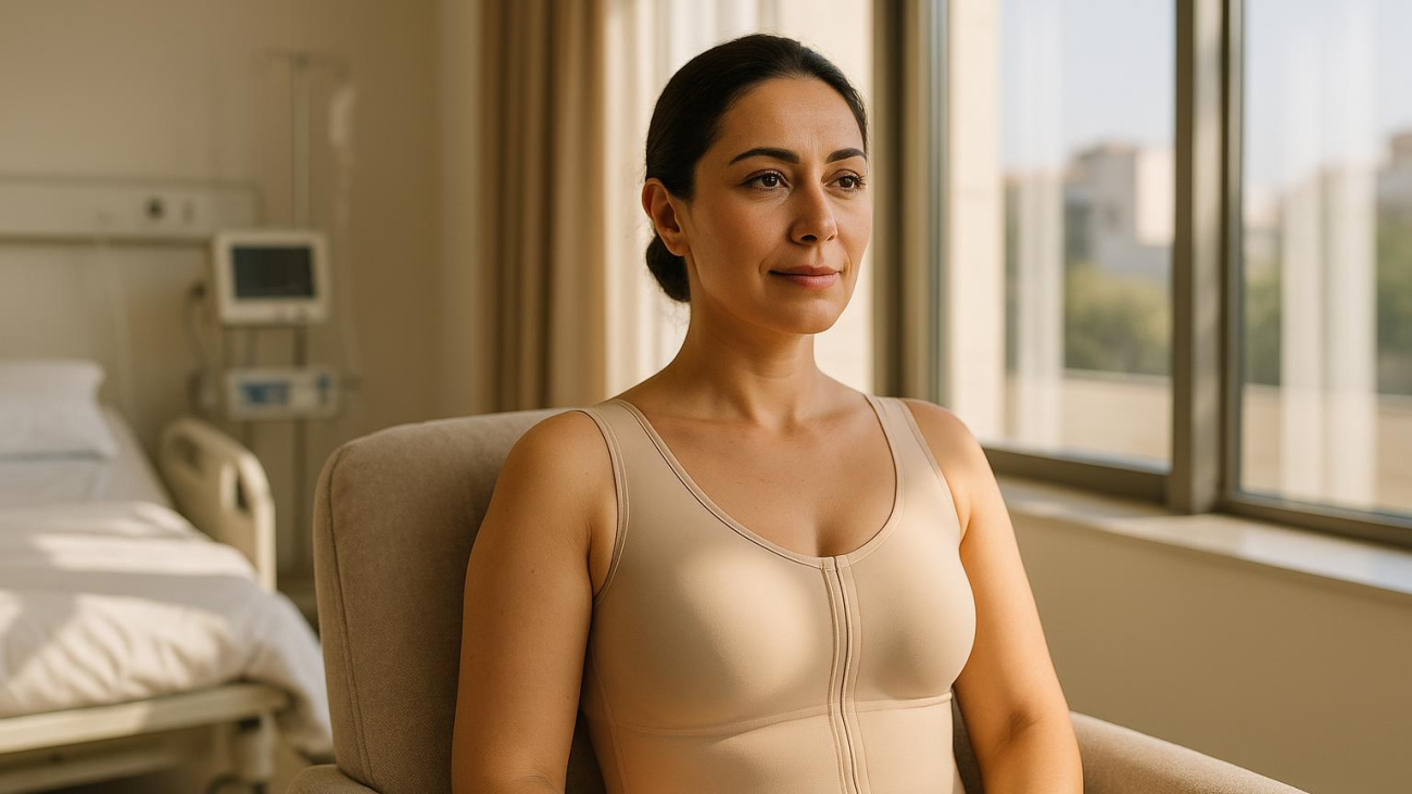 Breast lift recovery timeline week by week patient in compression garment Turkey clinic