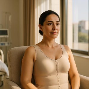 Breast lift recovery timeline week by week patient in compression garment Turkey clinic