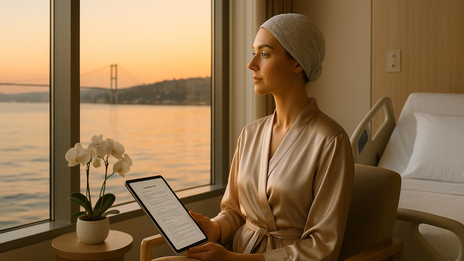 Patient preparing for facelift neck lift surgery day at Clinic Wise Istanbul with Bosphorus view