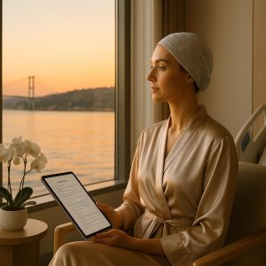 Patient preparing for facelift neck lift surgery day at Clinic Wise Istanbul with Bosphorus view