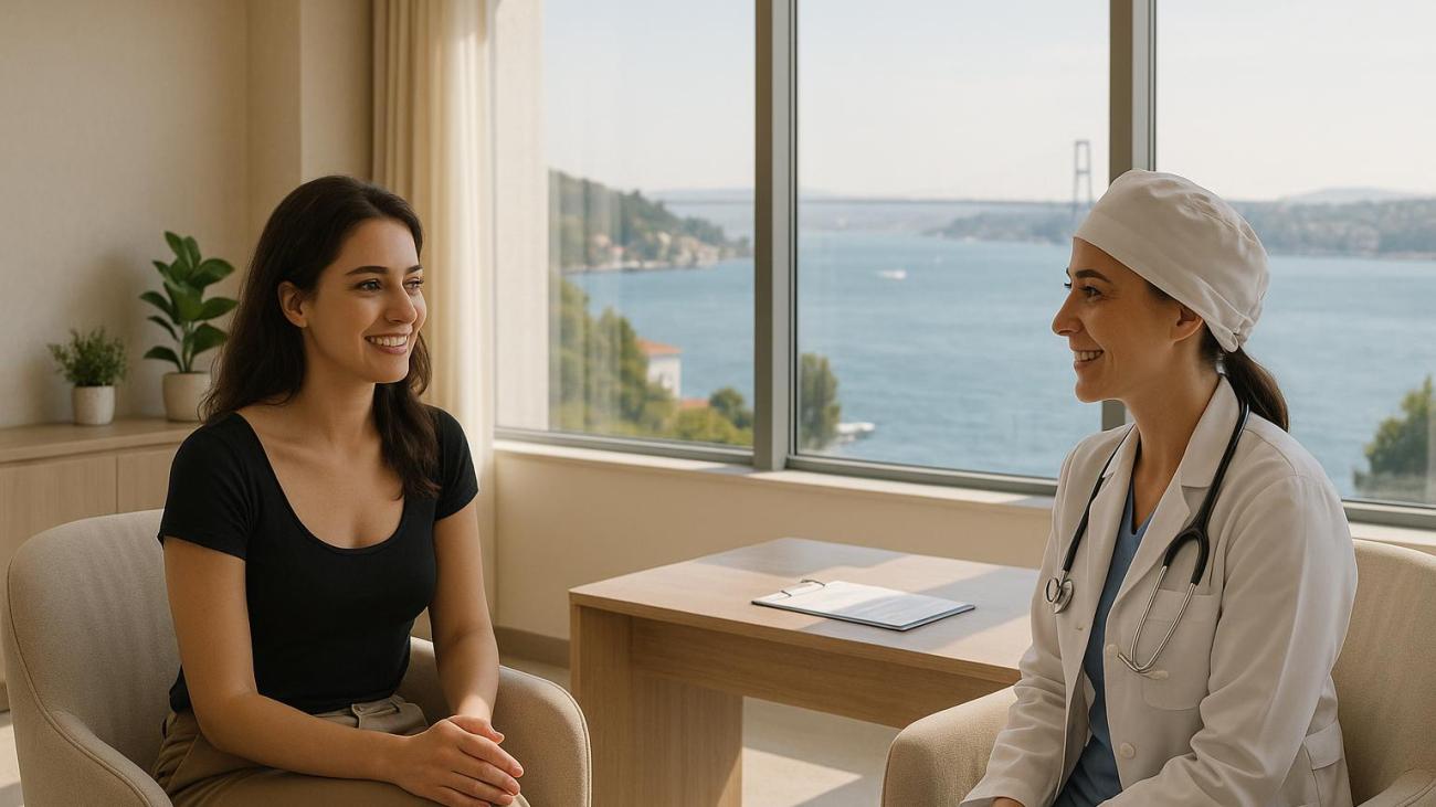 Woman consulting with surgeon about labiaplasty journey in bright Istanbul clinic