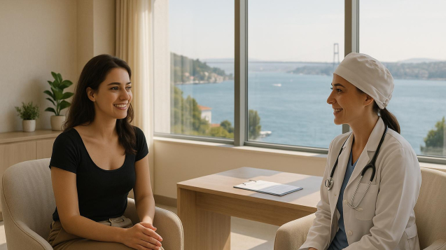 Woman consulting with surgeon about labiaplasty journey in bright Istanbul clinic