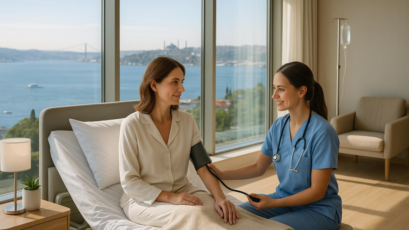 Patient recovering comfortably in a Turkey recovery hotel suite with nurse support after mommy makeover