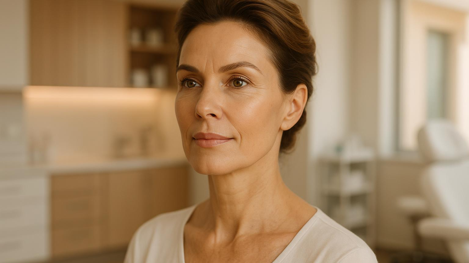 Woman with defined jawline and smooth neck after neck lift with J-Plasma