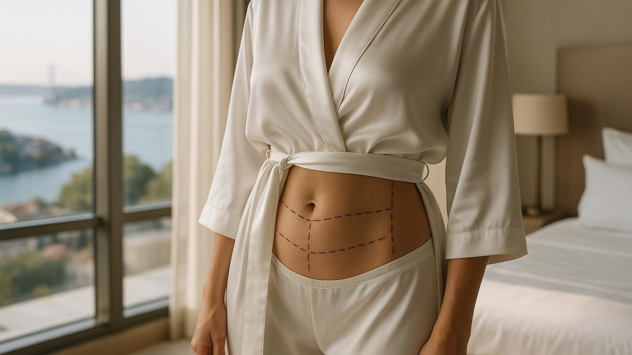 Patient recovering comfortably after tummy tuck with liposuction Turkey in premium Istanbul clinic suite