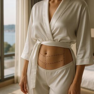 Patient recovering comfortably after tummy tuck with liposuction Turkey in premium Istanbul clinic suite