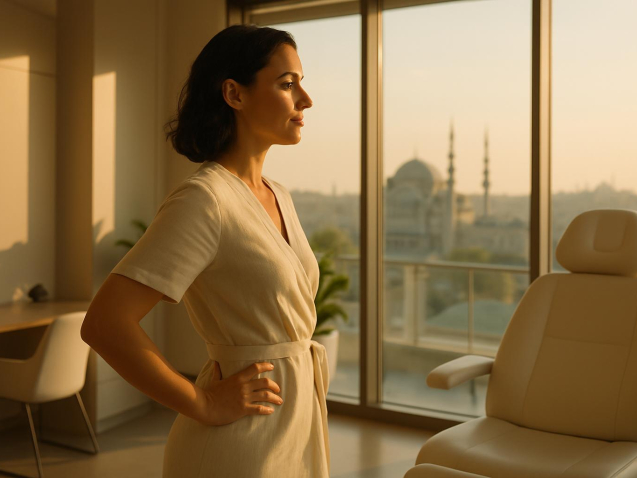 Woman in fitted dress during BBL consultation at modern Istanbul clinic, natural lighting showing body confidence